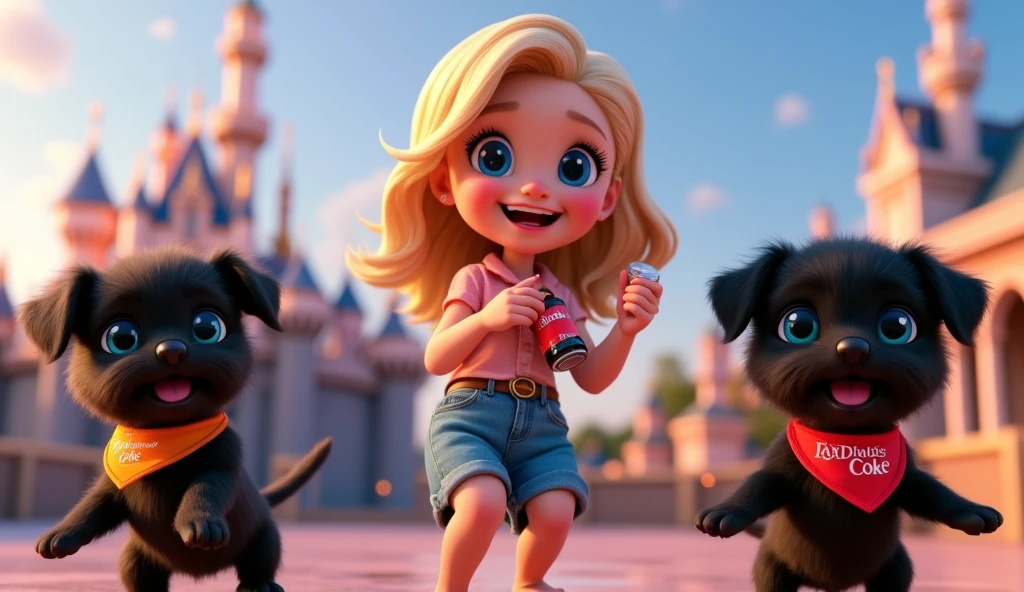 a cute blonde girl with big beautiful blue eyes, 2 adorable black shih tzu puppies with big blue eyes wearing bright collars and bandanas, mixing jack and daniels and coke, dancing on a disney rooftop, 3d pixar style, cinematic lighting, high resolution, masterpiece, photorealistic, detailed facial features, extremely detailed, vivid colors, soft lighting, dynamic composition, magical, cute, whimsical