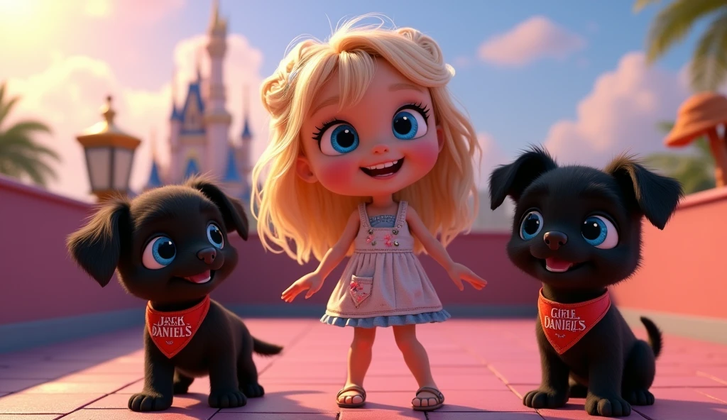 a cute blonde girl with big beautiful blue eyes, 2 adorable black shih tzu puppies with big blue eyes wearing bright collars and bandanas, mixing jack and daniels and coke, dancing on a disney rooftop, 3d pixar style, cinematic lighting, high resolution, masterpiece, photorealistic, detailed facial features, extremely detailed, vivid colors, soft lighting, dynamic composition, magical, cute, whimsical