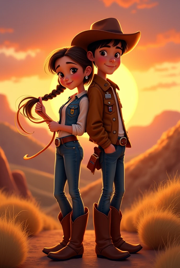 Pixar-style poster of a cowboy couple, the girl with brown hair and brown eyes and the boy with black hair and black eyes