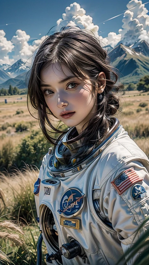 Awards (whole body:0.8) (Portrait Photography:1.3) Young woman (Sci-Fi Astronaut:1.3) with (Military tanks:1.4), (Stargate:1.4), Gaze upon a lush alien planet, (Mountain々:1.2) (Tall Grass:1.4), rock, Fluffy clouds floating in the sky, Trending on Art Station, Very detailed, The finer details, Complex, (Lens flare:0.6), (Backlight:0.8), (bloom:0.8), Shallow depth of field
