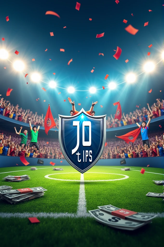 Logo written J10 tips on a football field with fans and money around
