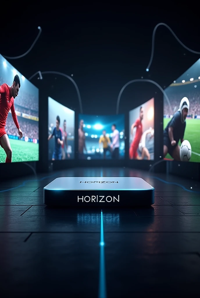 Create a photo advertising an IPTV and p2p called HORIZON, app to watch games, TV, Movies and series. Photo with black and white details.