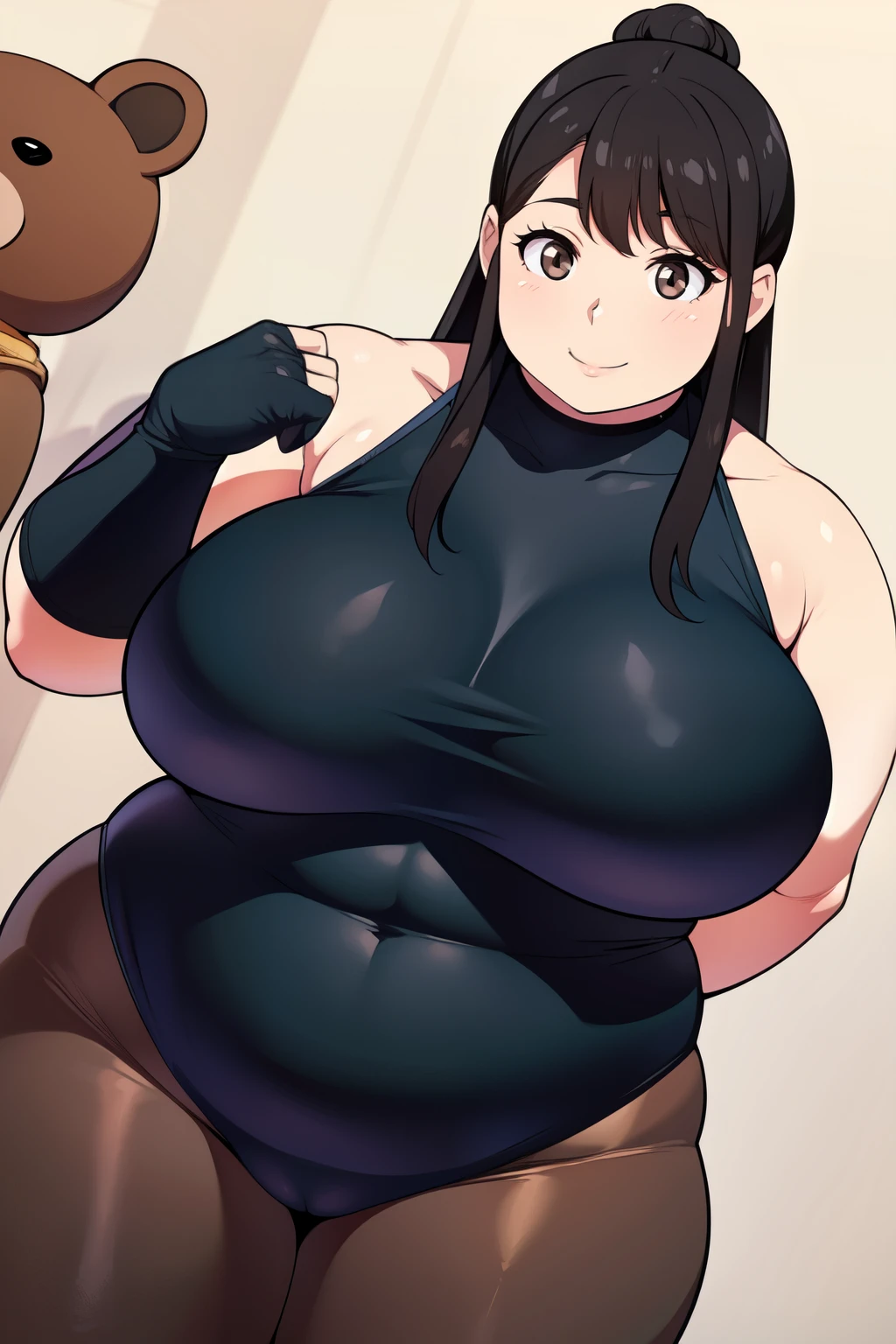 Plump year 21 big breasts black hair brown eyes chubby smile bear girl black leotard longer hair