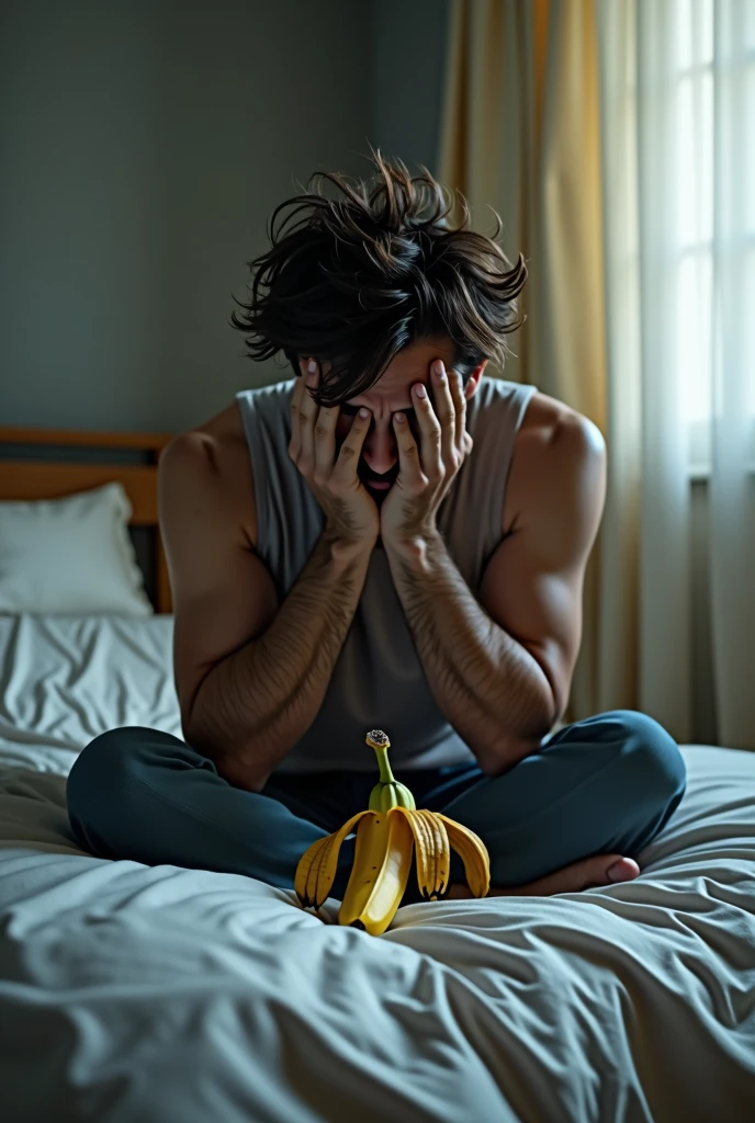 photo realism. Create me a photo-type image of a man sitting on the bed, worried with hands on face, with the sheets over his legs. On her legs there is a banana facing downwards, and withered.