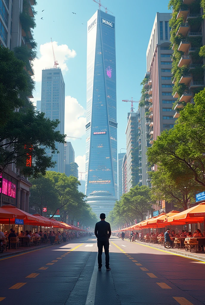 Thailand in the next 10 years  Surrounded by streets, buildings and many structures A man standing in the middle of the road is staring at Ming at a tall building.