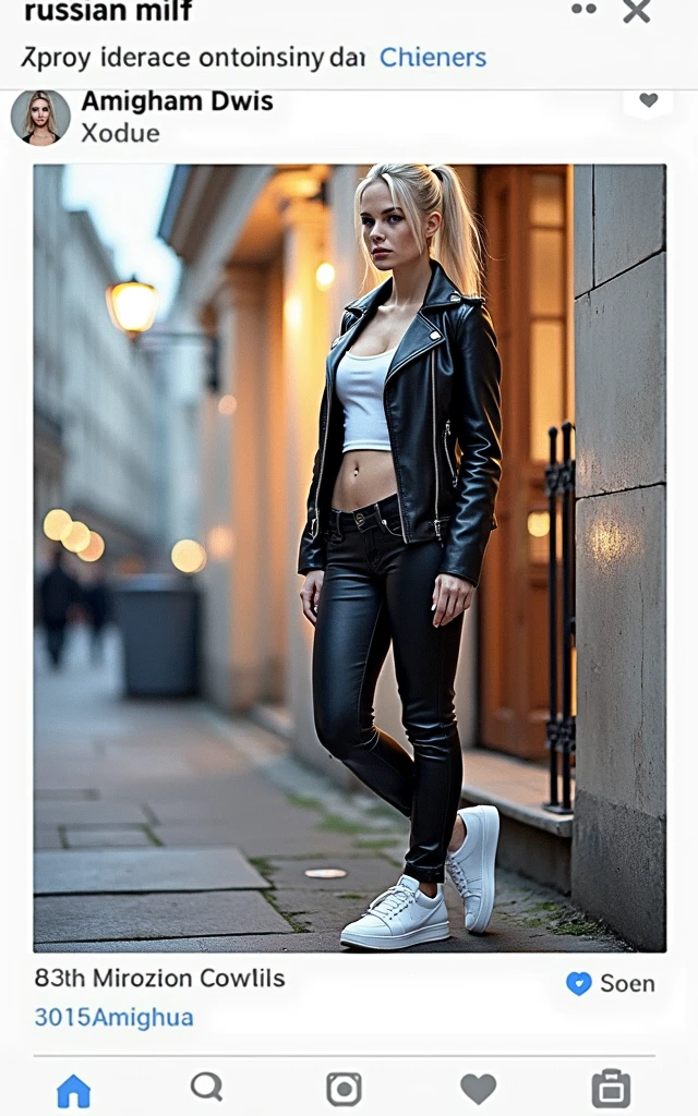 Russian milf, platinum blonde hair in ponytail ,with very light blue eyes, pale, smeared heavy makeup. Wearing black moto jacket, cropped rock t-shirt, black leather jeans and white tennis sneakers. Sad face