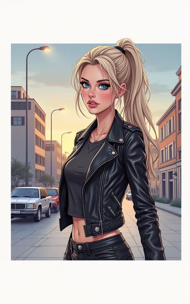 Russian milf, platinum blonde hair in ponytail ,with very light blue eyes, pale, smeared heavy makeup. Wearing black moto jacket, cropped rock t-shirt, black leather jeans and white tennis sneakers. Sad face