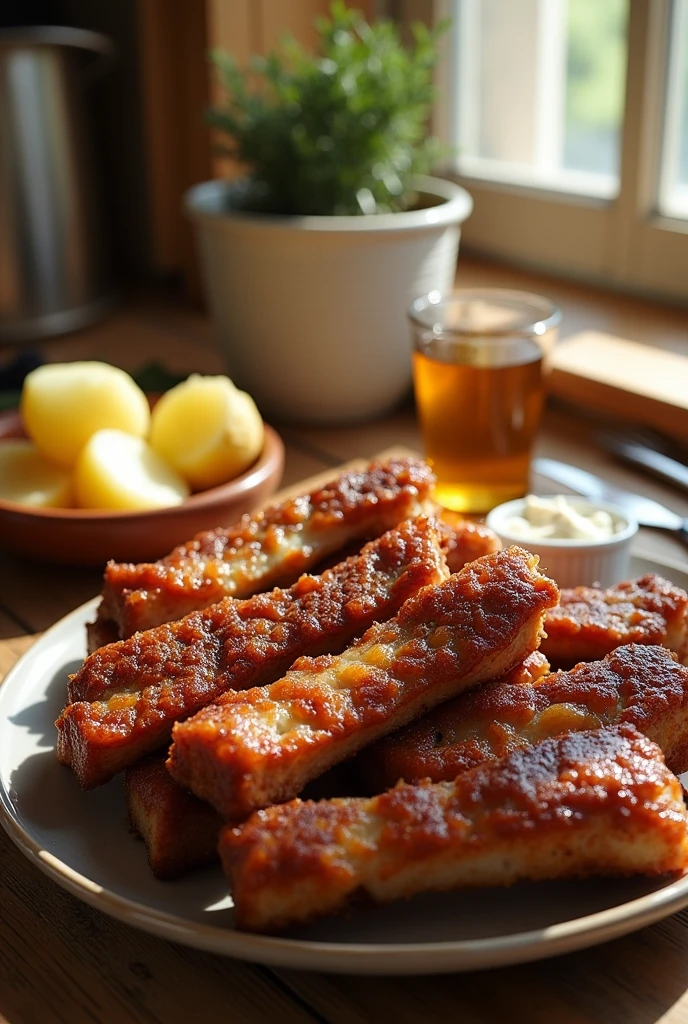 Fried pork ribs cooked food, without sauces on top, with bare meat( often) , boiled peeled potato cut in half.
