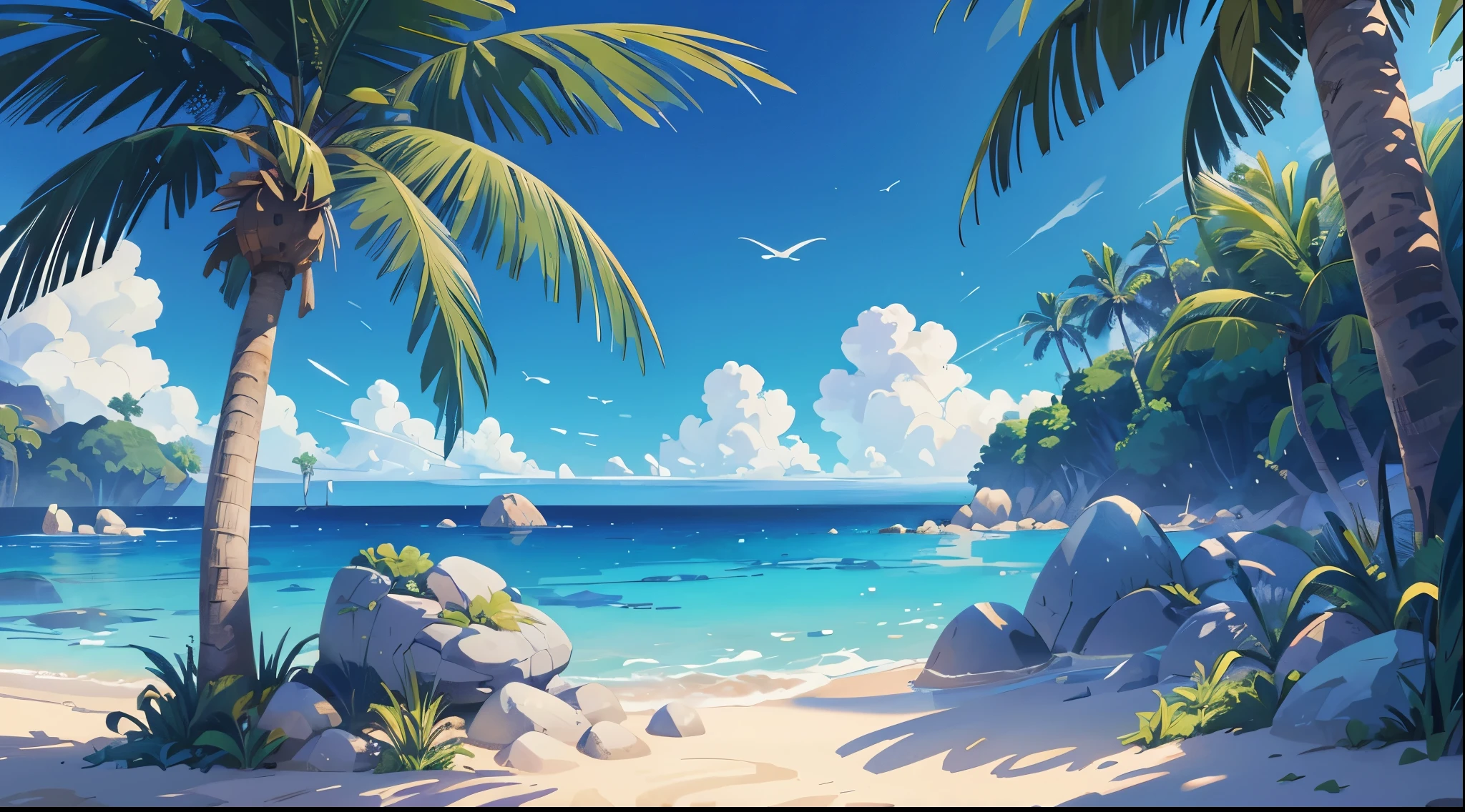 (illustrations : 1.0), Epic composition, photorealistic lighting, HD detail, ​masterpiece, Best quality at best, (Highly detailed CG integrated 8k wallpaper) , blue-sky, Blue Ocean, sand, Inside the shady palm tree forest, round and large rocks