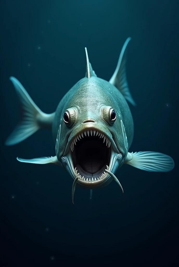 The Porichthys porosissimus fish towards the screen, with a mouth full of teeth ready to attack, with a navy blue background 