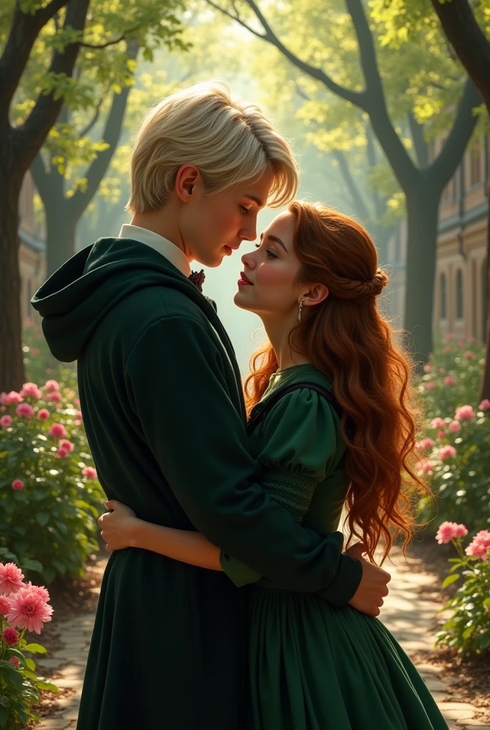 A girl with hair, chestnuts, lisses et mi-longs embrassant Draco Malfoy.