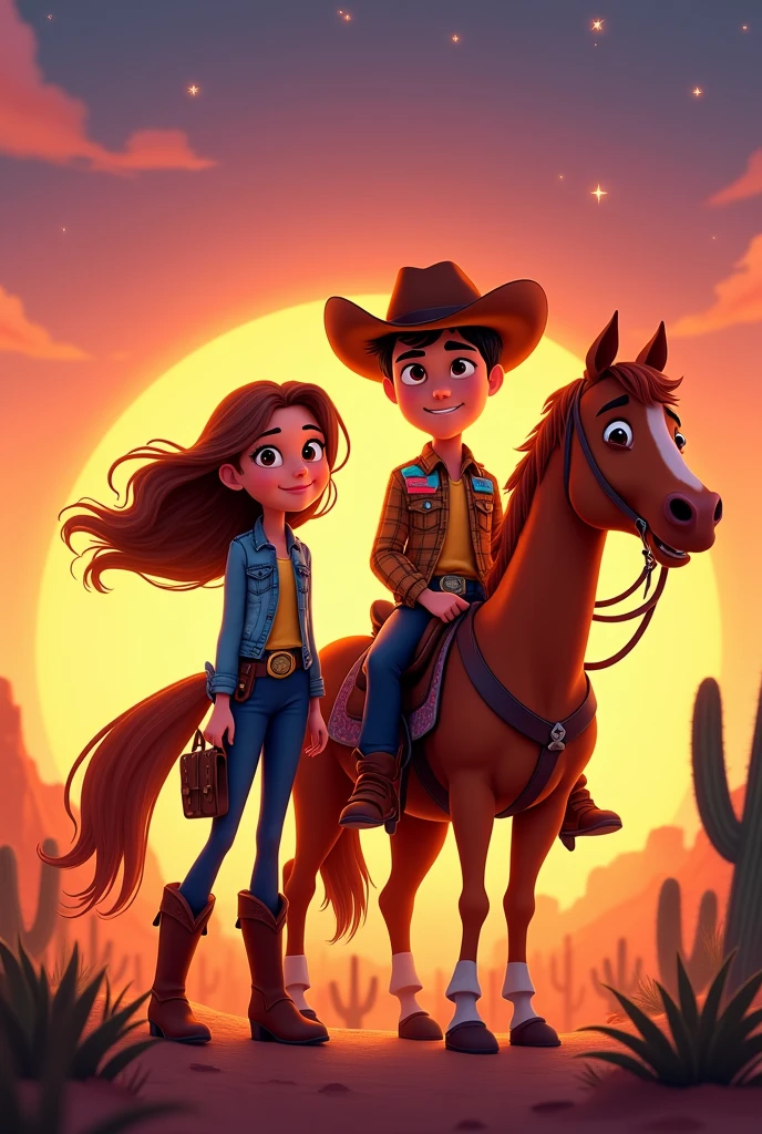 Pixar-style poster of a cowboy couple, the girl with brown hair and brown eyes, and the guy with black hair and black eyes, with a horse.