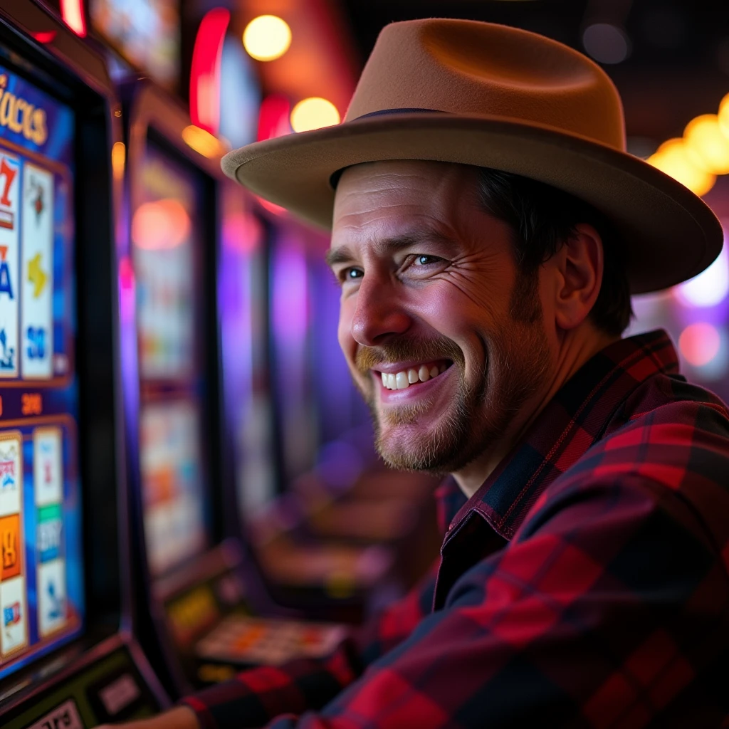 A man wearing a hat is grinning while playing slots.