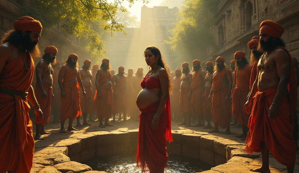 Group of ancient Indian men push down the pregnent women into the well
