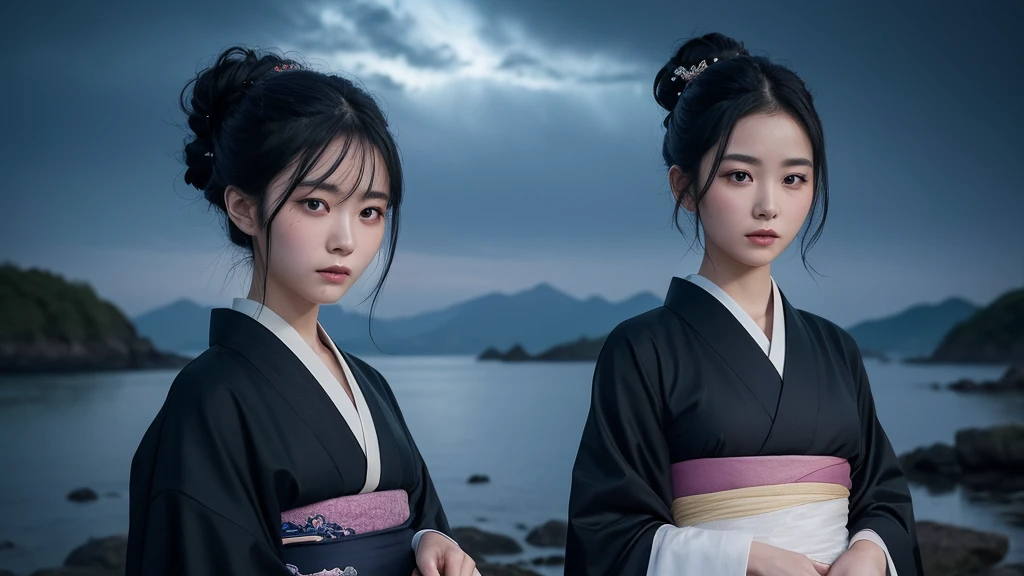 A delicate, dainty, ancient young woman with lustrous black hair. She is wearing a kimono and a traditional hair mixture. The background is a fantastic and ethereal night sky, as if possessed by a specter. Her expression is stern and atmospheric.