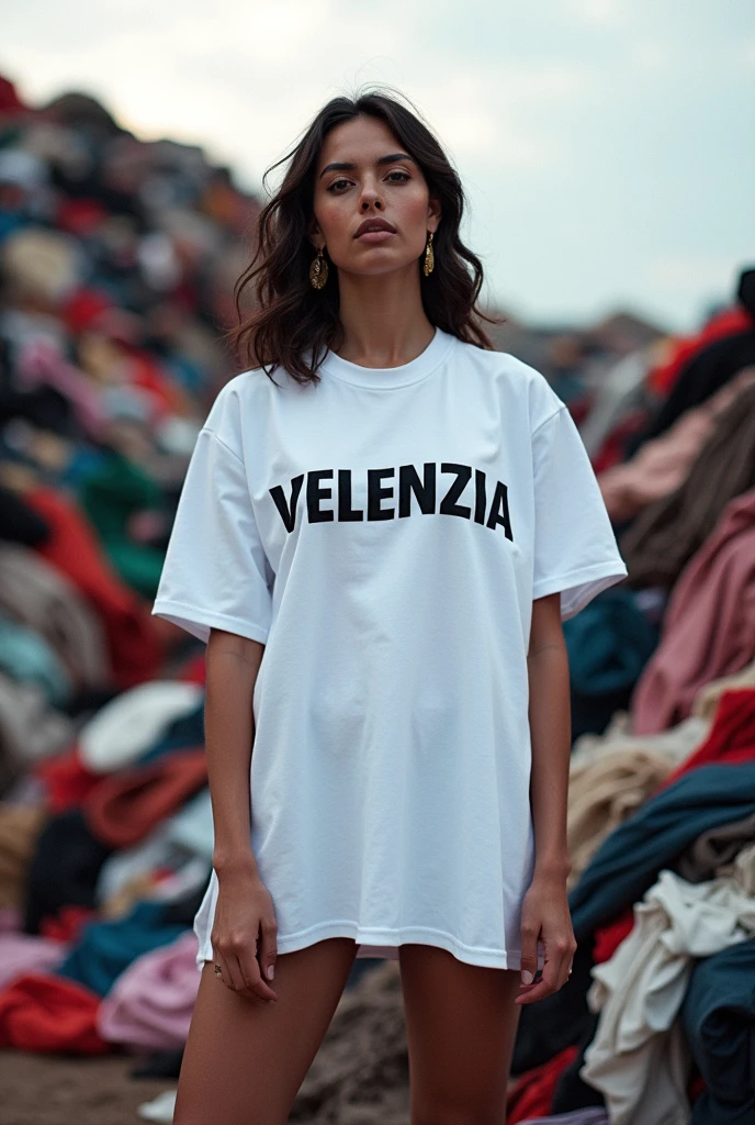 Create a image of a model standing over fast fashion huge wastes arround and wearing a oversized tshirt of white colour and on the tshirt it's written VELENZIA with black colour 