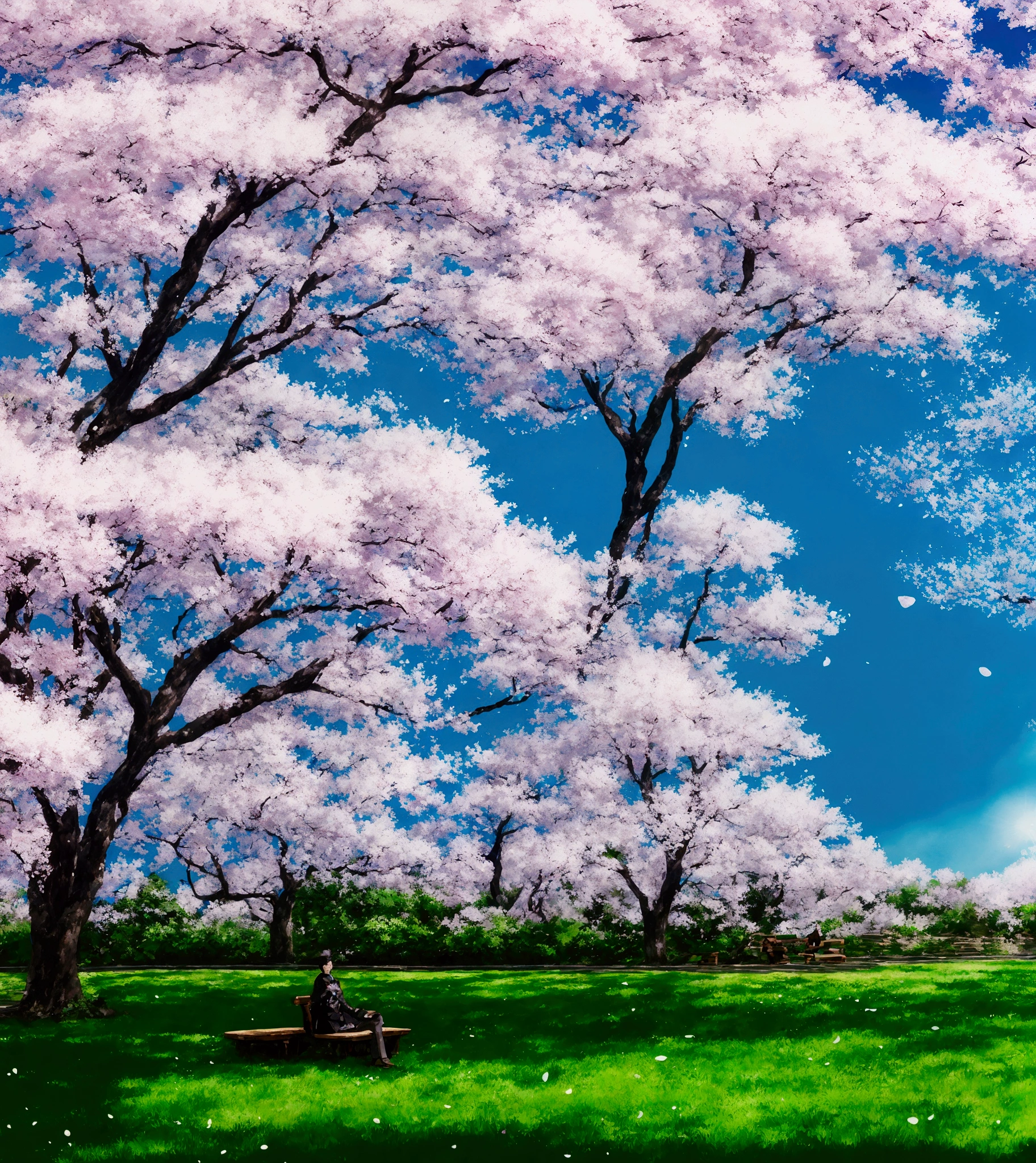 Serene park with cherry blossom trees in full bloom, petals gently falling, anime-style. A thoughtful anime character sits on a bench, looking slightly anxious, high quality, 8k