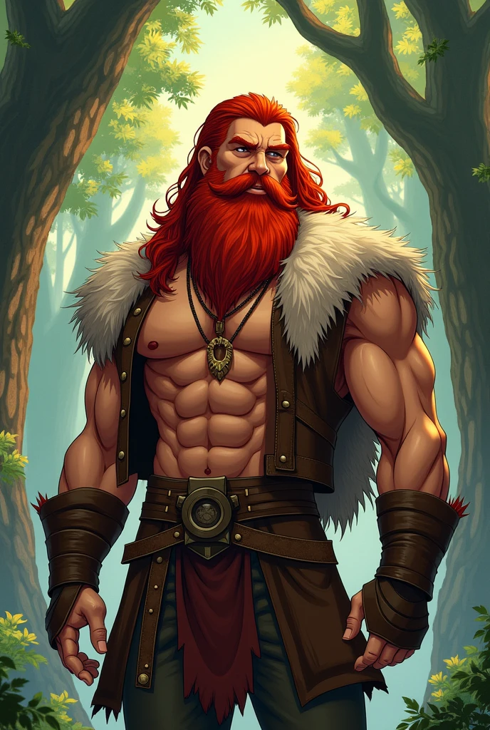 male character, long red hair, Red beard, a rustic look. personagem musculoso, with an animal skin cover with red fur. anime dash