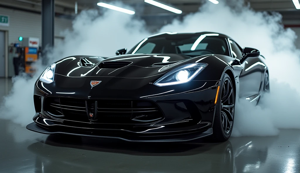a detailed, highly realistic photograph of a sleek, modern sports car, glossy black paint, chrome trim, low-angle perspective, written text "Need for speed" is made of smoke and coming out of car's silencer,