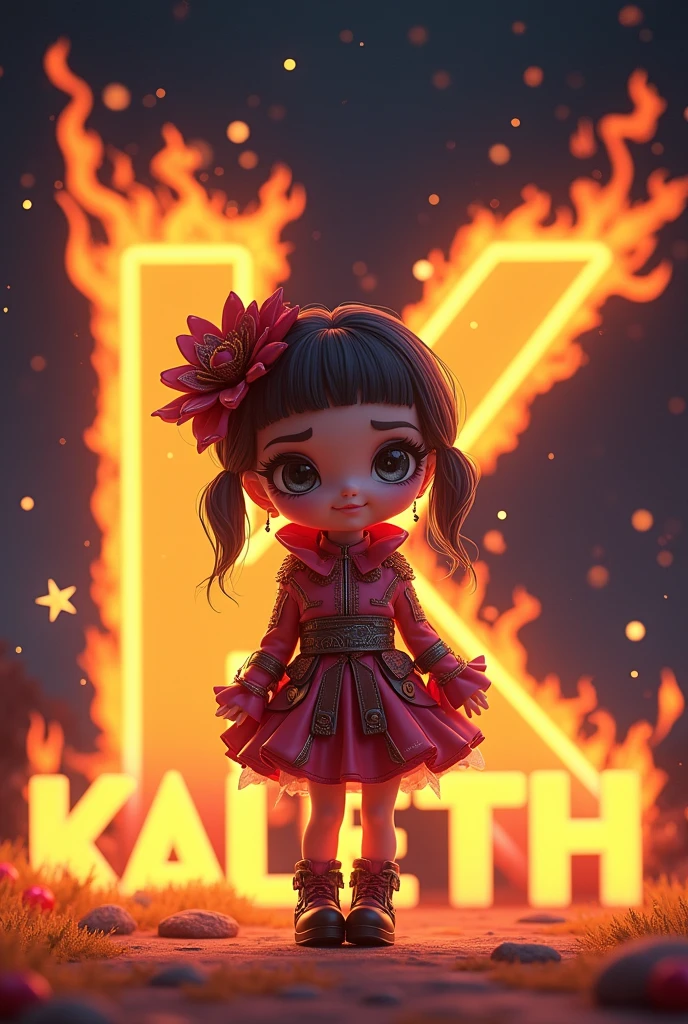 Make me an anime doll and a background that says Kaleth in 3D and fire letters 
