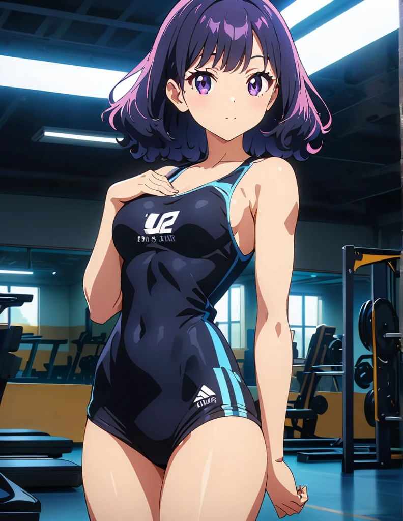 (anime artwork, anime style, studio anime, very detailed, up to date, vibrant, Anime Coloring, high contrast, masterpiece:1.2, best quality, best aesthetics),1 girl, Medium chest,random hair, perfect proportions, high detail skin, Cute, detailed faces,gym,side chest pose,body building,full body, 