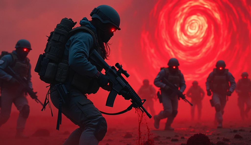 Short woman is destroying with telephaty Armacham soldiers wearing blue googles and holding assault rifles. They all covered in blood and the sky is chaotic red. Her eyes glowing red