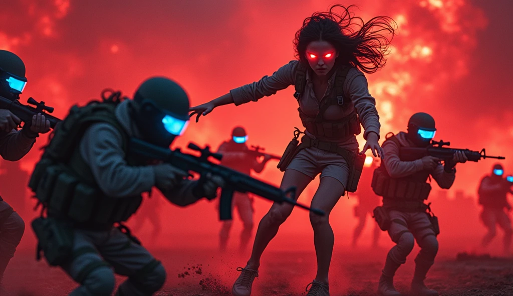 Short woman is destroying with telephaty Armacham soldiers wearing blue googles and holding assault rifles. They all covered in blood and the sky is chaotic red. Her eyes glowing red