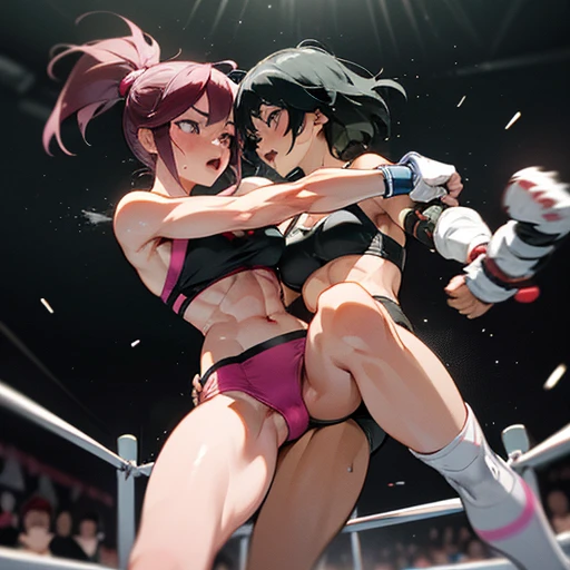 A fierce exchange of punches and kicks.. they are beating each other so hard. two bloody beautiful Japanese female heavyweight fighters are looking at each eyes. survival battle. dynamic exciting action in the octagon fighting ring. whole body picture. they are covered in scars and bruises. they are damaged terribry. Short-cut black hair, out of breath, drooling from mouth, one eye closed, exhausted, drenched in sweat. Erect nipples. open finger glove.  Ragged white and pink sports bra, high leg panty, Stockings. armwarmers. Whittled waistline, Muscular, six pack abs, very thick arms and thighs, super huge tits.