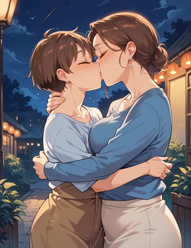 score_9, score_8_up, score_7_up, source_anime, 1boy, 1girl, mature female, mother and son, kid, hug, kissing, date night, romantic, slutty, girl of 18 years old