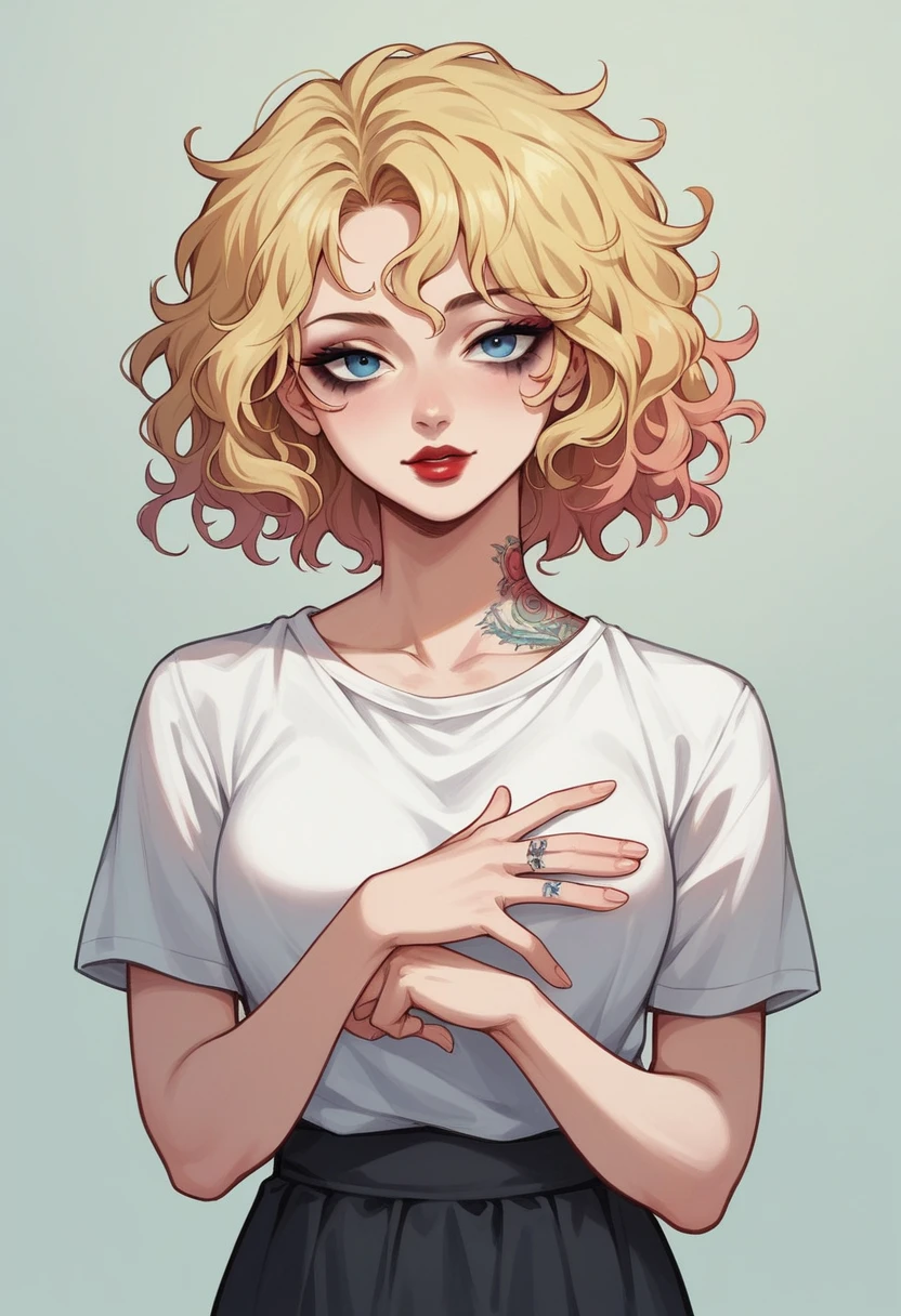 Anime style, 1women, seductive expression, bright red lips, sexy tattoo on hand, neck , , blonde and blue multi colored hair, short hair , wavy hair, messy hair, curly hair, beautiful detailed dark eye makeup, beautiful detailed blue eye, white t-shirts, black short flowy skirt, sexy neckline, large neckline