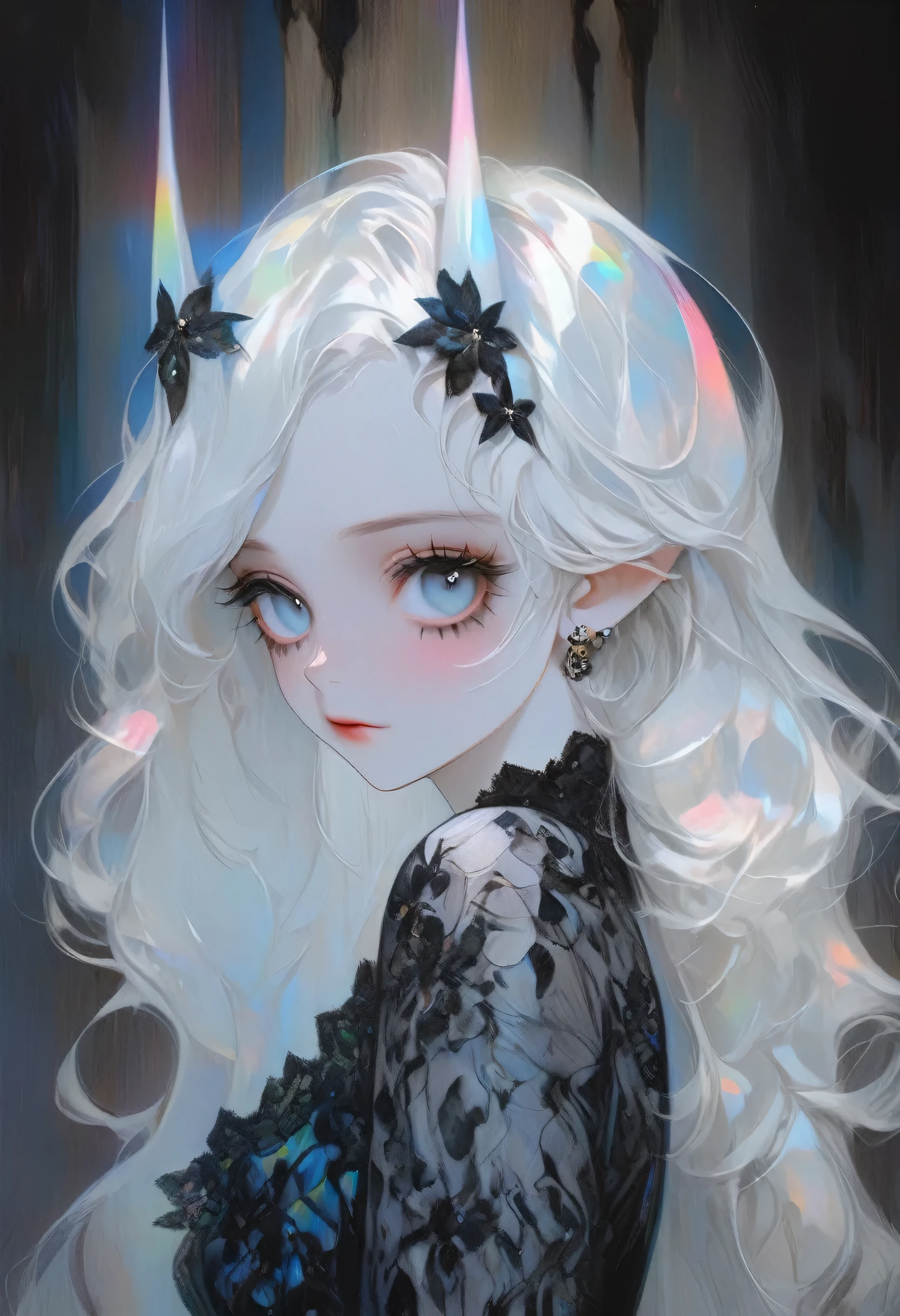 pale devil girl , ((above the waist)), Taken from a very long distance, (big eyes, The eyes are tender and beautiful., beautiful and gentle face, full body details), (prism shading, holographic medium, chromatic:1.2) Black lace shirt, gothic background, (long right angle:1.2), shoulder-length hair, White hair, Blue eyes