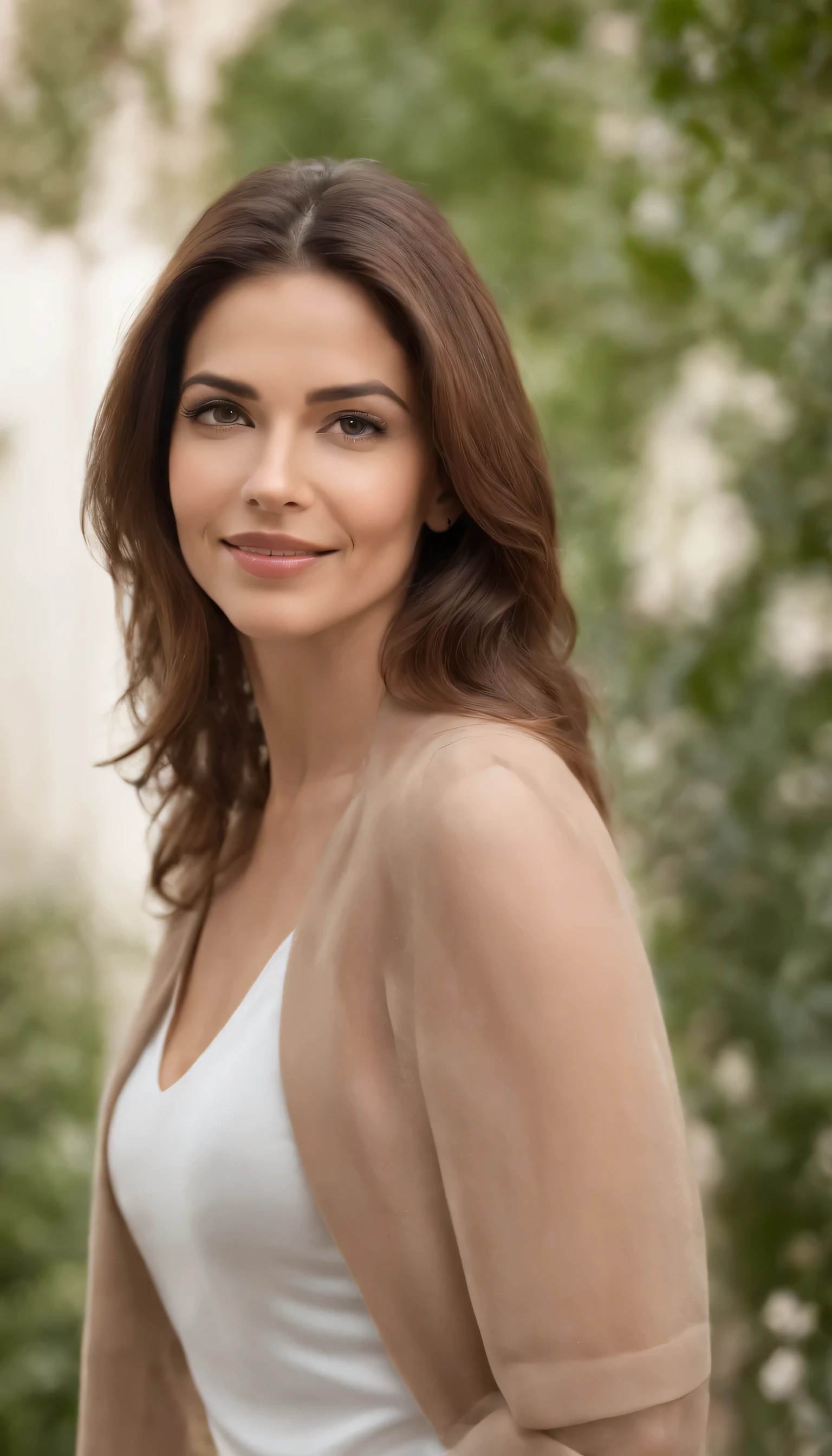 Woman, age 45, com olhos castanhos,brown hair with highlights and flops, dynamic angle shooting, normal body weighing 60 kilos, 1,60 tall, ified, friendly smile , centred, high angle wide view, wearing a nutritionist's white coat, realisitic