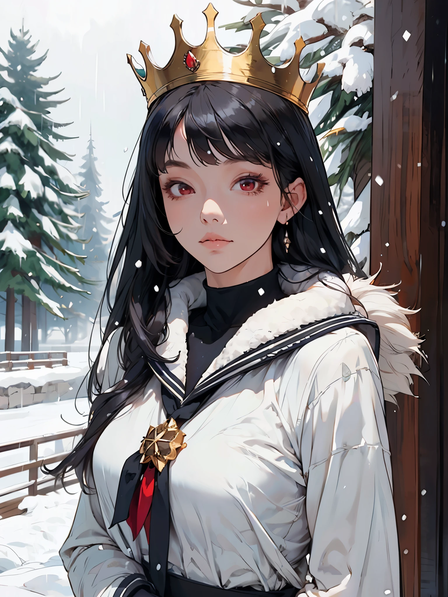 1girl, long straight hair, bangs, snow rain, snow falls, winter dress, fur-trimmed, sailor collar, detailed face, looking at viewer, detailed eyes, sparkling eyes, calm vibes, galaxy-colored-hair, crown golden dress, red eyes,