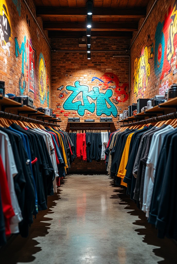 Create a dynamic background for a streetwear clothing store, emphasizing walls covered in vibrant graffiti and elements of hip hop culture. The scene should feature urban textures like brick and concrete, with bold, colorful street art as a focal point. Incorporate details such as boomboxes, spray paint cans, and urban tags to reinforce the hip hop vibe. The overall atmosphere should be edgy and energetic, capturing the essence of street culture. A IMAGEM TEM QUE SER QUADRADA