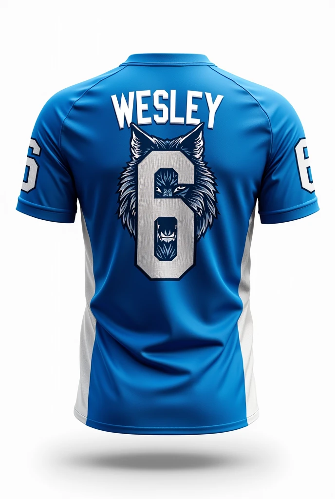 Make a blue and white football jersey with a wolf on the front and the number 6 and the name Wesley written on the back with a white background on the back of the shirt only.