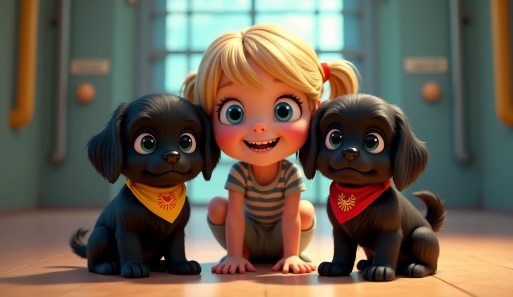 a cute blonde girl with big beautiful blue eyes, 2 adorable black shih tzu puppies with big blue eyes wearing bright collars and bandanas, in jail, 3d pixar style, cinematic lighting, high resolution, masterpiece, photorealistic, detailed facial features, extremely detailed, vivid colors, soft lighting, dynamic composition, magical, cute, whimsical