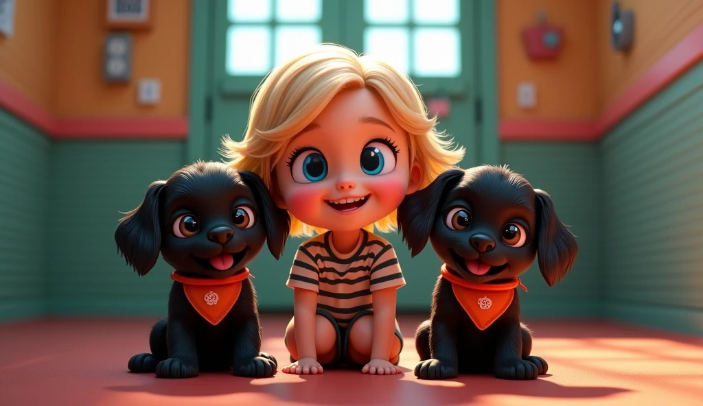 a cute blonde girl with big beautiful blue eyes, 2 adorable black shih tzu puppies with big blue eyes wearing bright collars and bandanas, in jail, 3d pixar style, cinematic lighting, high resolution, masterpiece, photorealistic, detailed facial features, extremely detailed, vivid colors, soft lighting, dynamic composition, magical, cute, whimsical