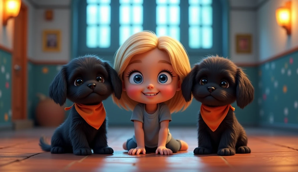 a cute blonde girl with big beautiful blue eyes, 2 adorable black shih tzu puppies with big blue eyes wearing bright collars and bandanas, in jail, 3d pixar style, cinematic lighting, high resolution, masterpiece, photorealistic, detailed facial features, extremely detailed, vivid colors, soft lighting, dynamic composition, magical, cute, whimsical