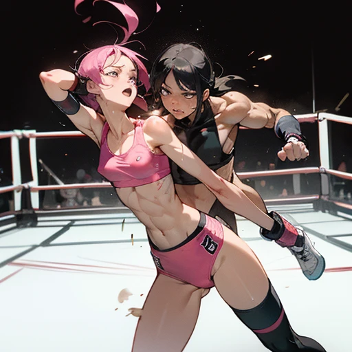 A fierce exchange of punches and kicks. they are beating each other so hard. bloody beautiful Japanese female fighters are fighting in the octagon. life or death struggle. survival battle. dynamic exciting action in the octagon fighting ring. whole body picture. they are covered in scars and bruises. they are damaged terribry. Short-cut black hair, out of breath, drooling from mouth, one eye is closed, exhausted, drenched in sweat. Erect nipples. open finger glove. Ragged white and pink lined sports bra, high leg panty, Stockings. armwarmers. small breasts, armwarmers. Whittled waistline, muscular, sixpack abs