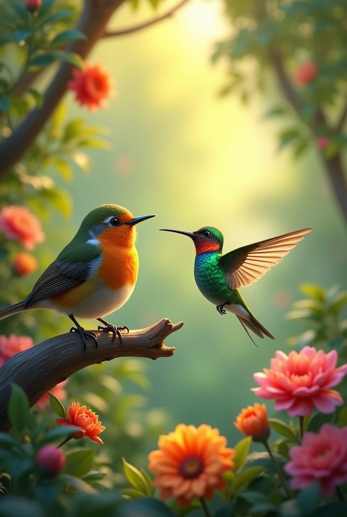 In cinematic cartoon 3d style"In the foreground, depict a lonely robin perched on a branch, gazing wistfully at a colorful hummingbird flitting among the flowers."