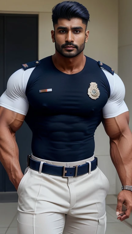 indian gurjar hunk in navy security guard uniform with batches on shirt and huge bulge 