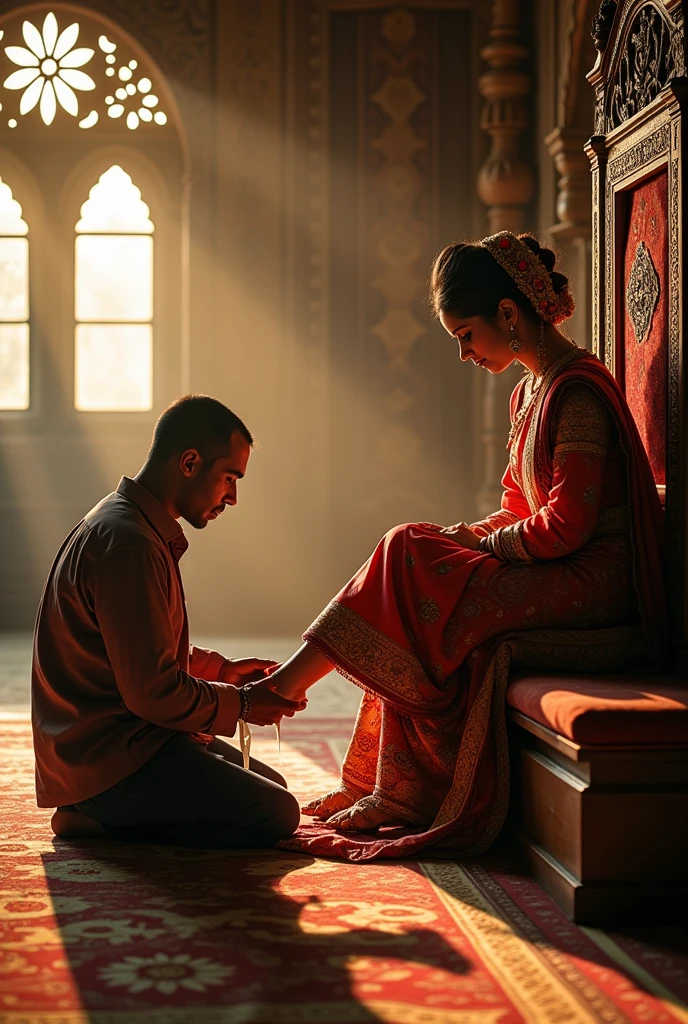 A beautiful nepali woman in nepali tradition outfit is siting in a throne. At her feet there is a devotee who is washing her feet with milk. The devotee should be a man.