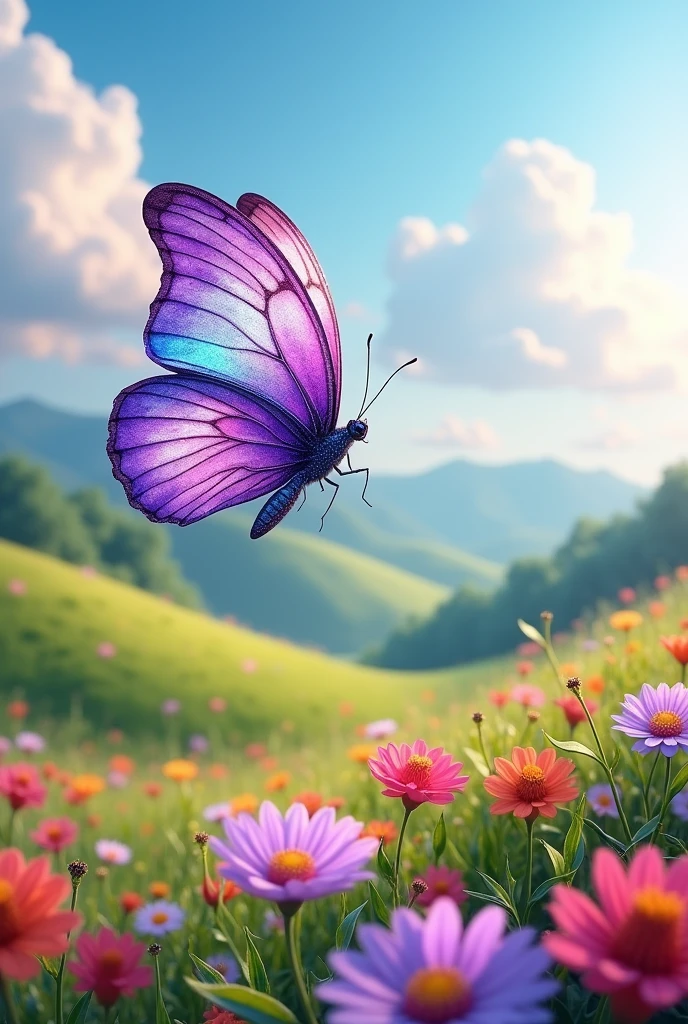 Give me a 3D image of a very beautiful purple watercolor butterfly that is shining and gleaming, flying in a beautiful and incomparable aesthetic landscape 