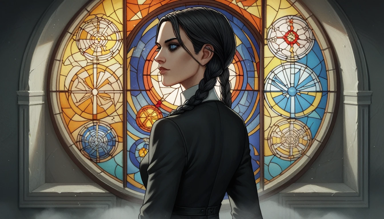 score_9, score_8_up, score_7_up, score_6_up,source_anime,anime 2d, beautiful wednesday addams in a gothic mansion, color stained glass window, dusty, mysterious, beautiful black eyes, braided black twintails,  jenxortega, 