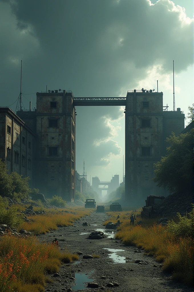 Post-apocalyptic scenario, destroyed military base with a large gate