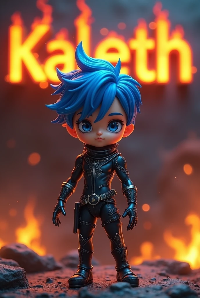 Make me an anime male doll and a background that says Kaleth in 3D and fire letters