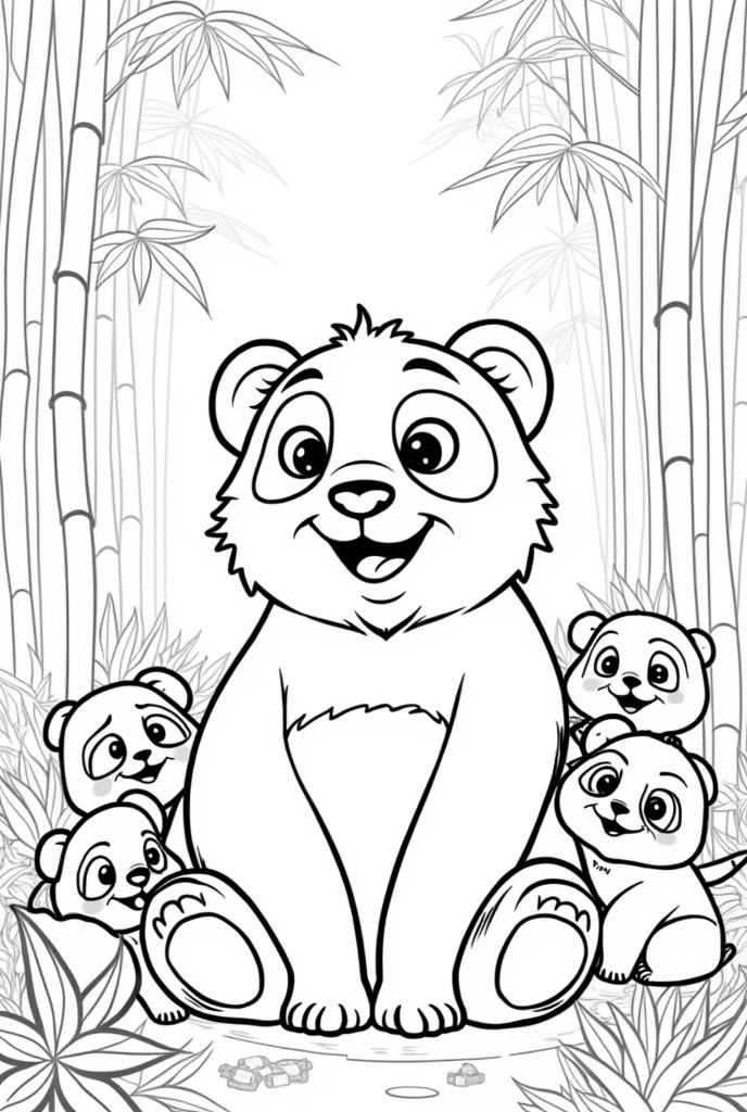 I want a black and white coloring page of a panda with a happy cartoon character face with lots of cubs in a bamboo grove.