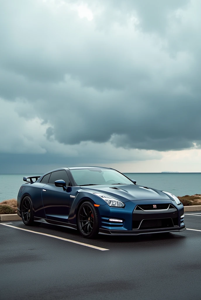 Car Photography, fusion of the design of the latest model Nissan GT-R R35 and Chevrolet Camaro, (((the front design is closer to the Chevrolet Camaro))), BLAKE, parking lot by the sea, typhoon clouds in the distance in the background,