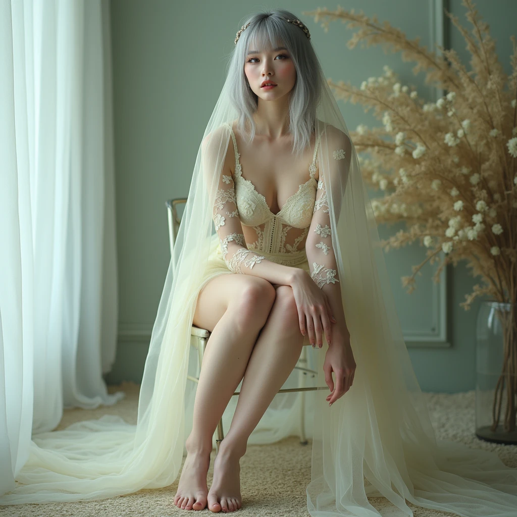 Hyper-realistic photo of a professional model with pale skin posing for a fashion photoshoot. Beautiful model in transparent floral lace night short dress, slender figure, beautiful large breasts, covered in transparent veil, lots of body exposure, full body image facing forward, fantastical painting-like image, silver hair, white translucent skin, long false eyelashes, sitting on a chair facing forward with legs apart, facing forward with legs apart, lemon pastel transparent floral lingerie, glass high heels,