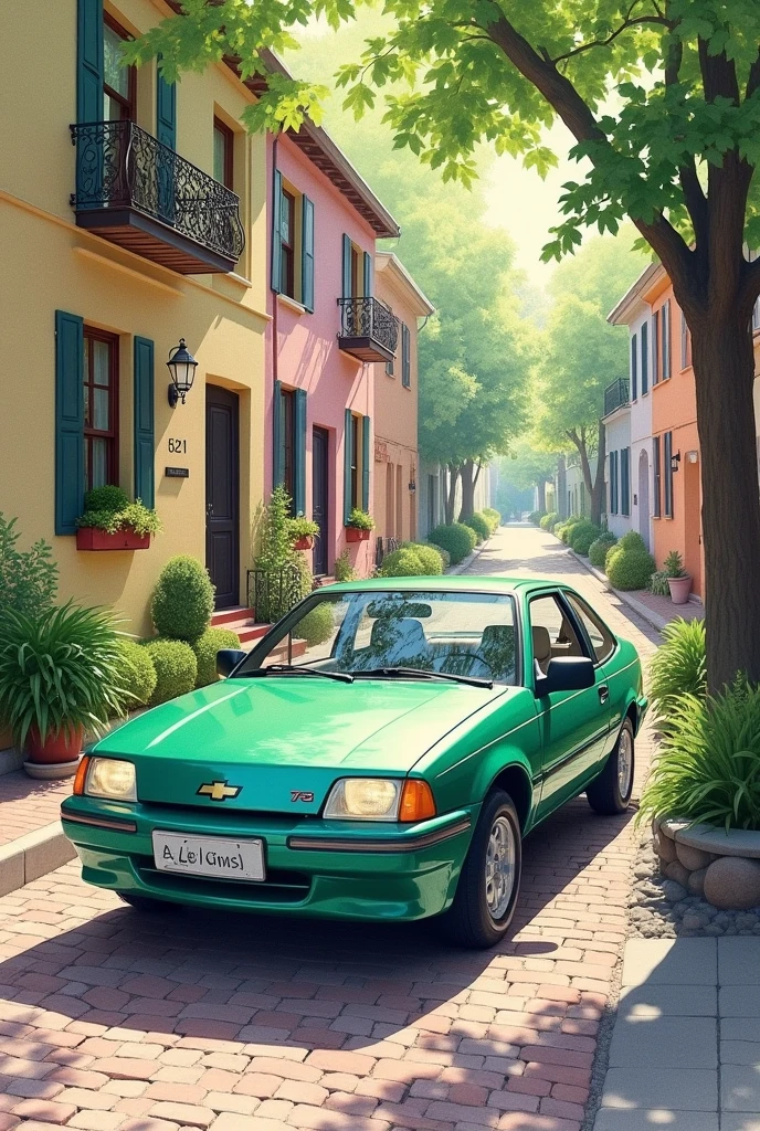 Create a watercolor painting of a 1994 green Chevette car with the Chevrolet logo parked on a street of old houses from the 1950s and a cobblestone road.. 